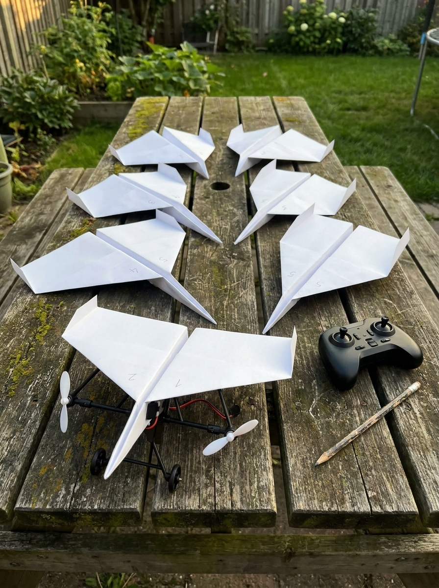 Six numbered paper plane designs laid out on a picnic table