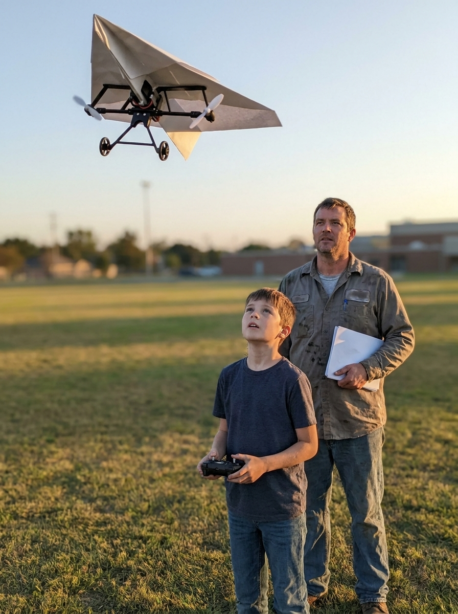 A boy on the school field at dusk with the remote, his dad a few steps behind holding printer paper