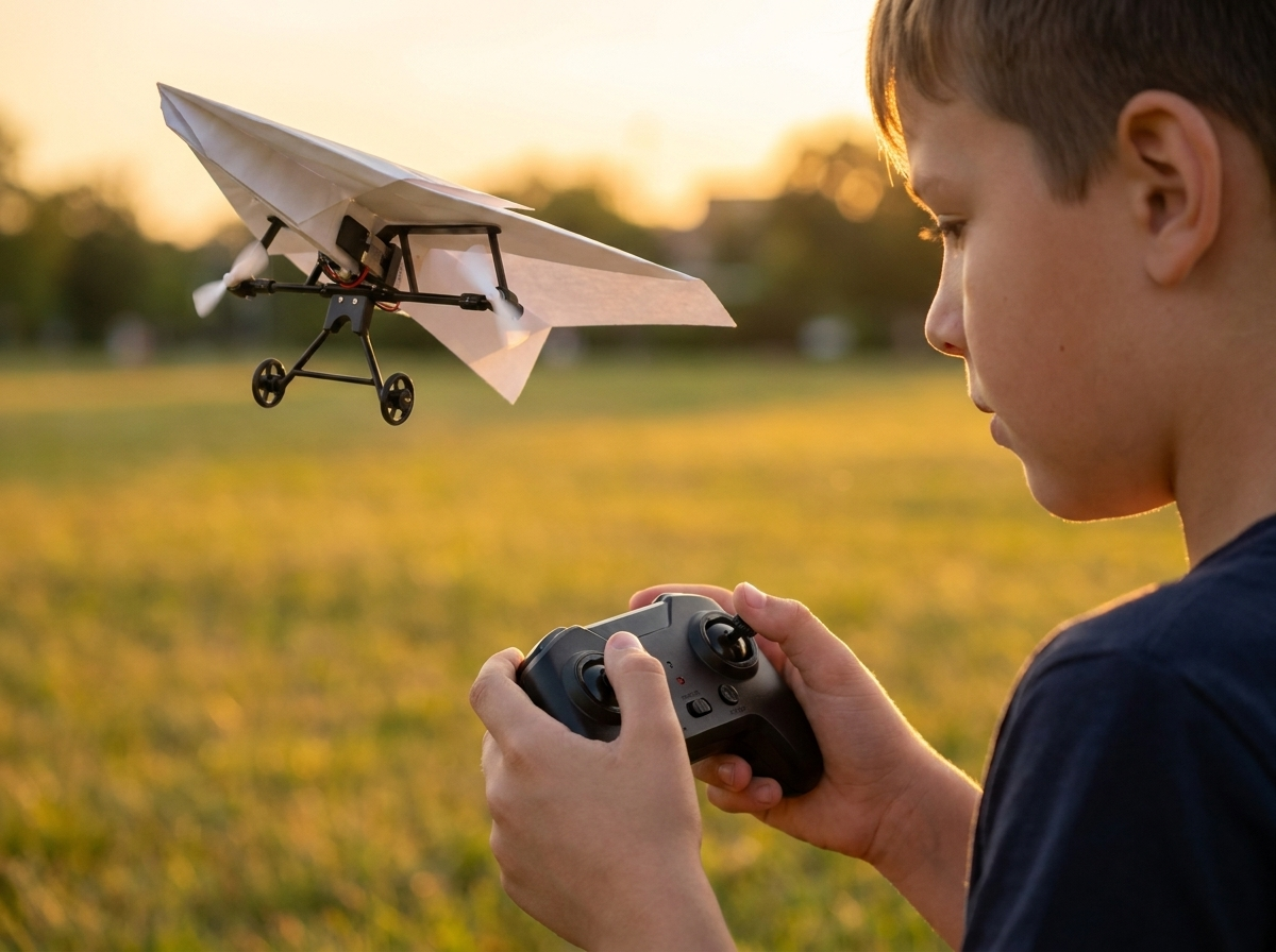 A boy's thumbs on the two sticks of the remote, the plane banking in the sky behind him