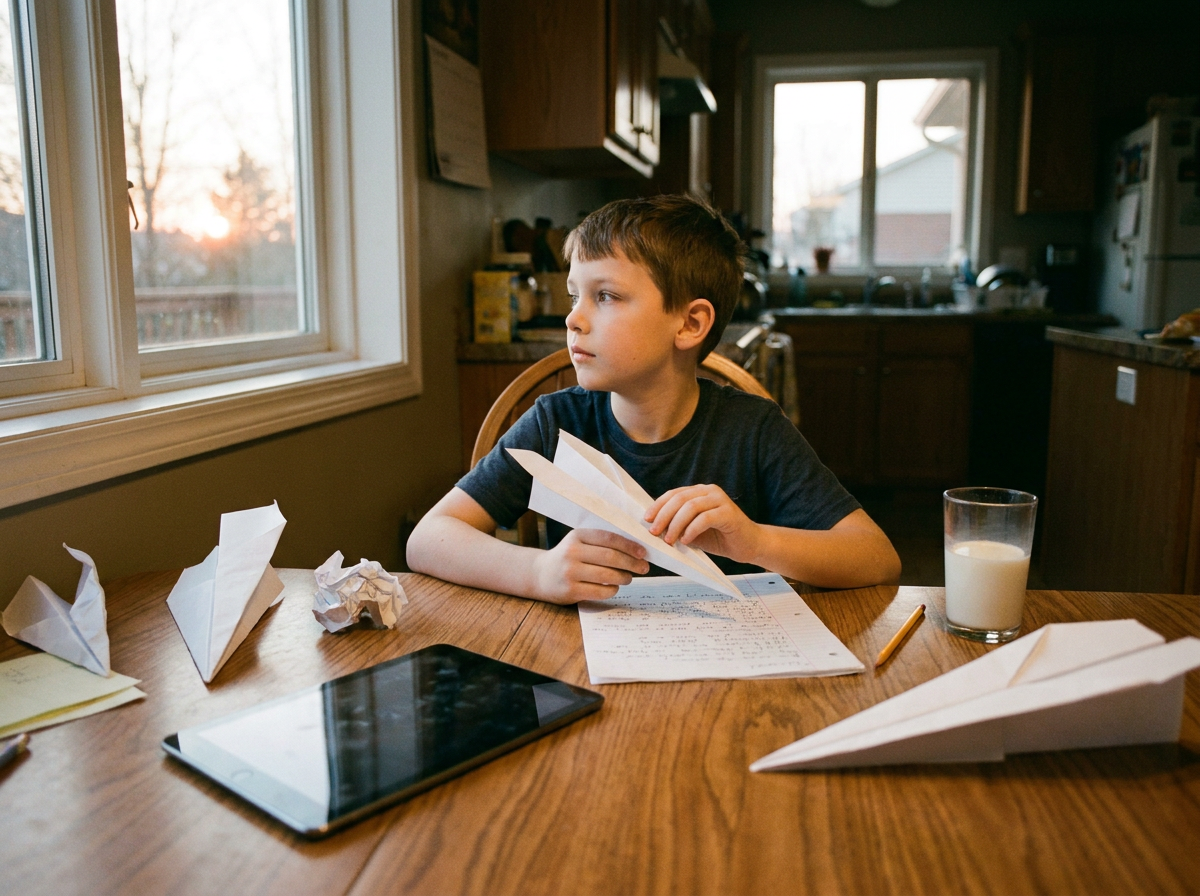 A boy folding a paper airplane from a homework sheet at the kitchen table, tablet face-down beside him