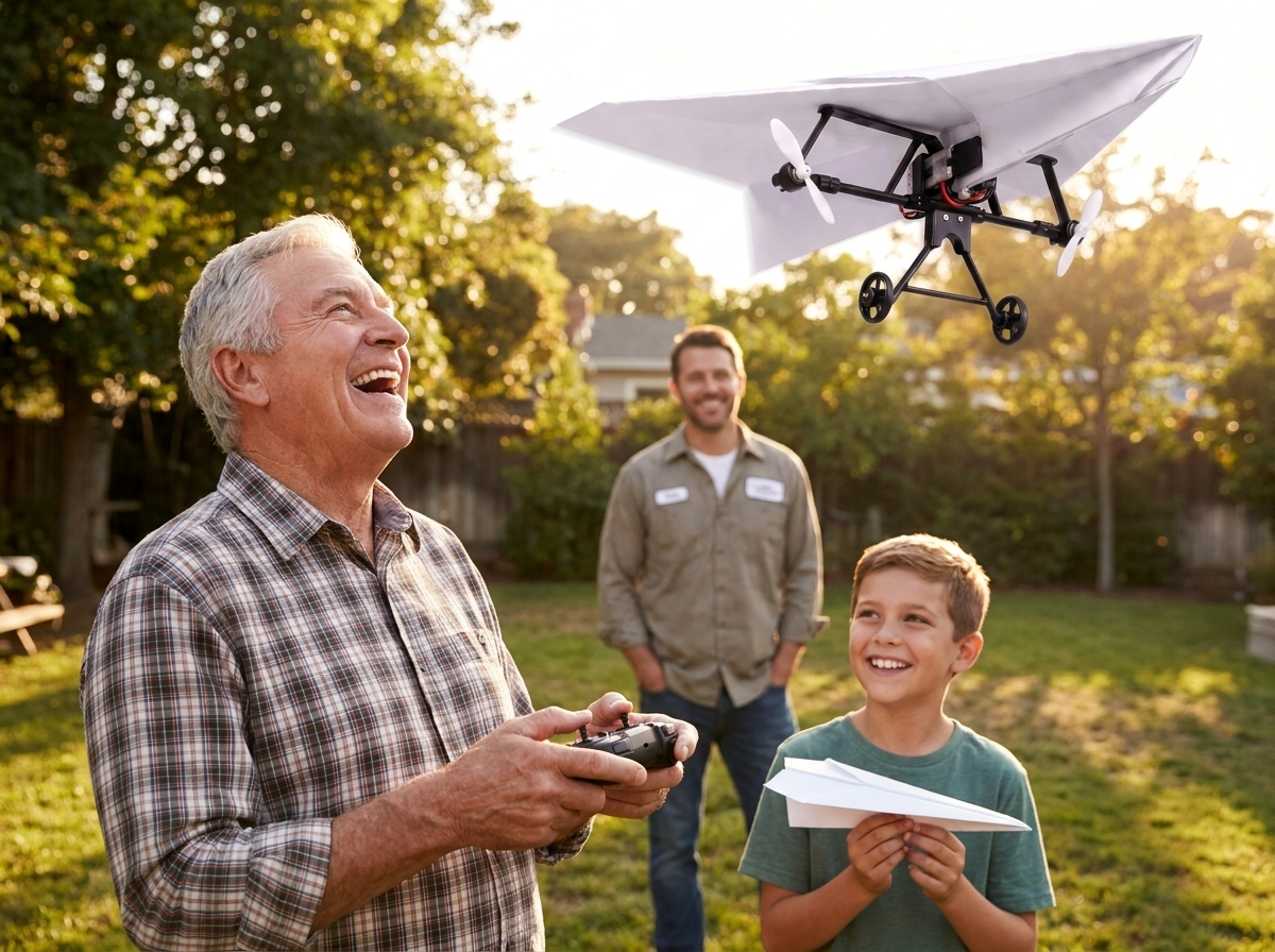 A grandfather flying the plane with a boy and his dad watching in the backyard