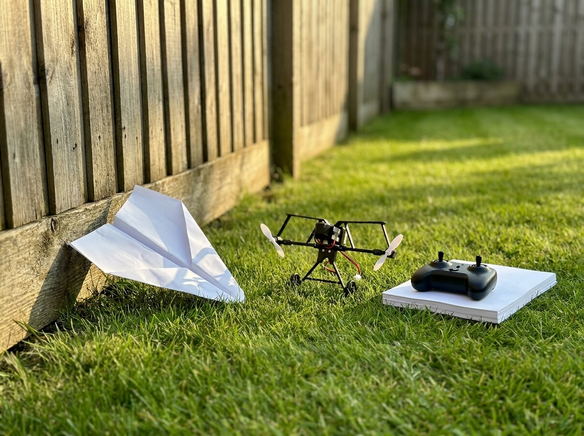 A wrecked paper plane at the fence beside the undamaged module, the remote and a stack of fresh paper