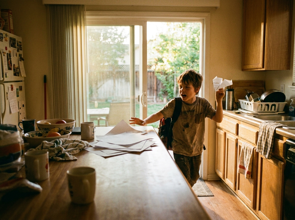 A boy bursting back in through the sliding door reaching for the stack of printer paper