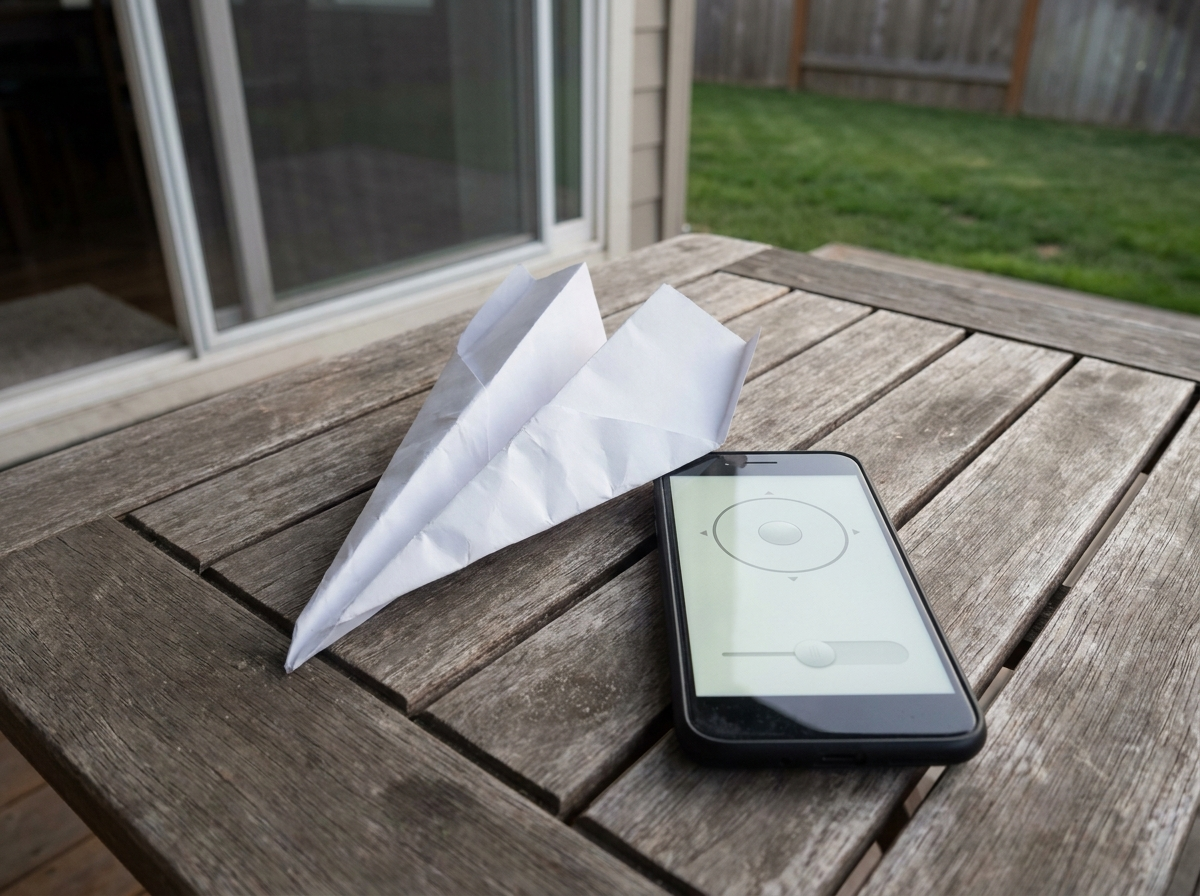A patio table with an abandoned half-folded paper plane beside a phone showing a control app