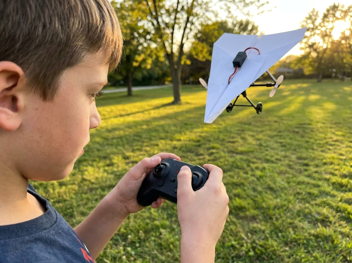 A boy's thumbs on the two sticks, the plane banking behind him