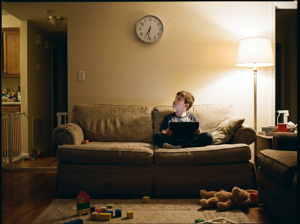 A boy on the couch with a dim tablet in his lap, head turned to watch the wall clock just past seven