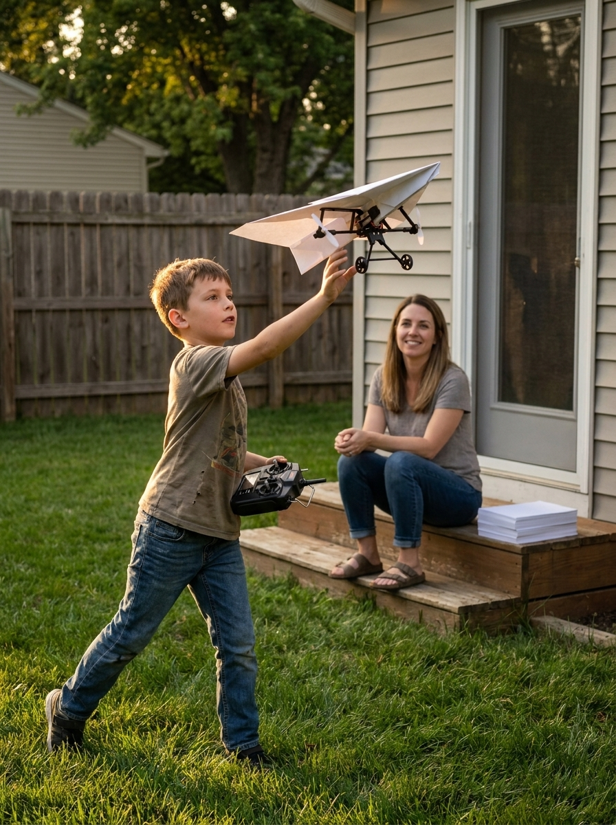A boy launching the plane in the backyard while his mother watches from the step