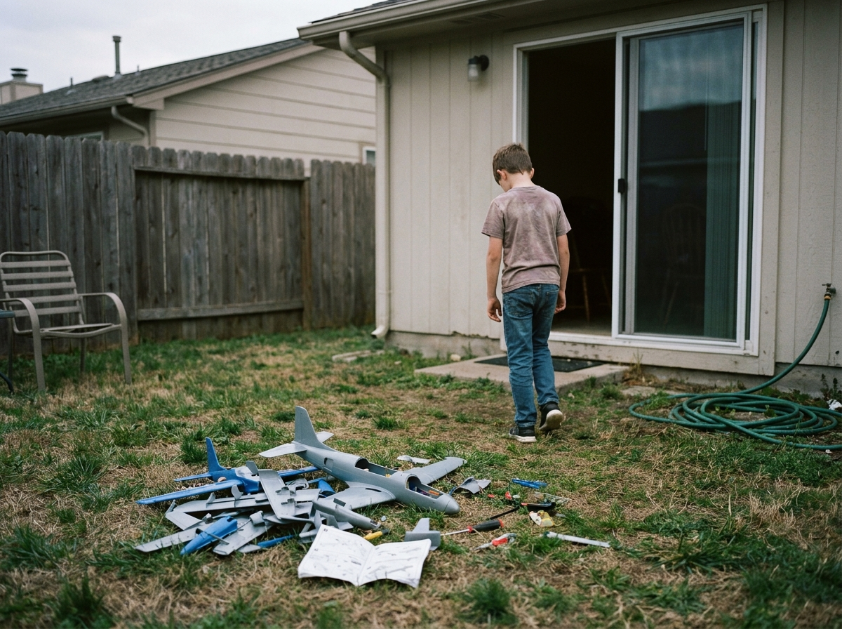 A boy walking back toward the house, an abandoned half-built toy on the grass behind him