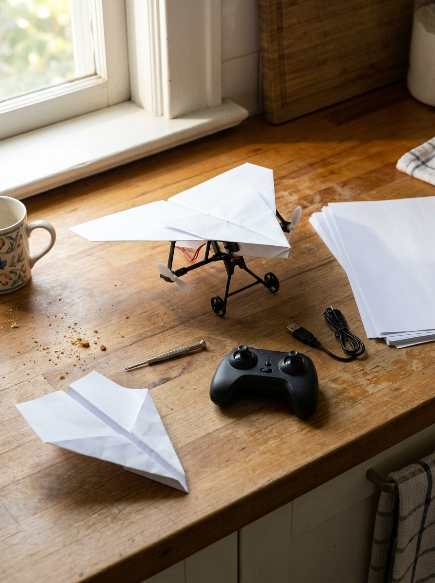 The kit, remote and a stack of printer paper laid out on a kitchen counter