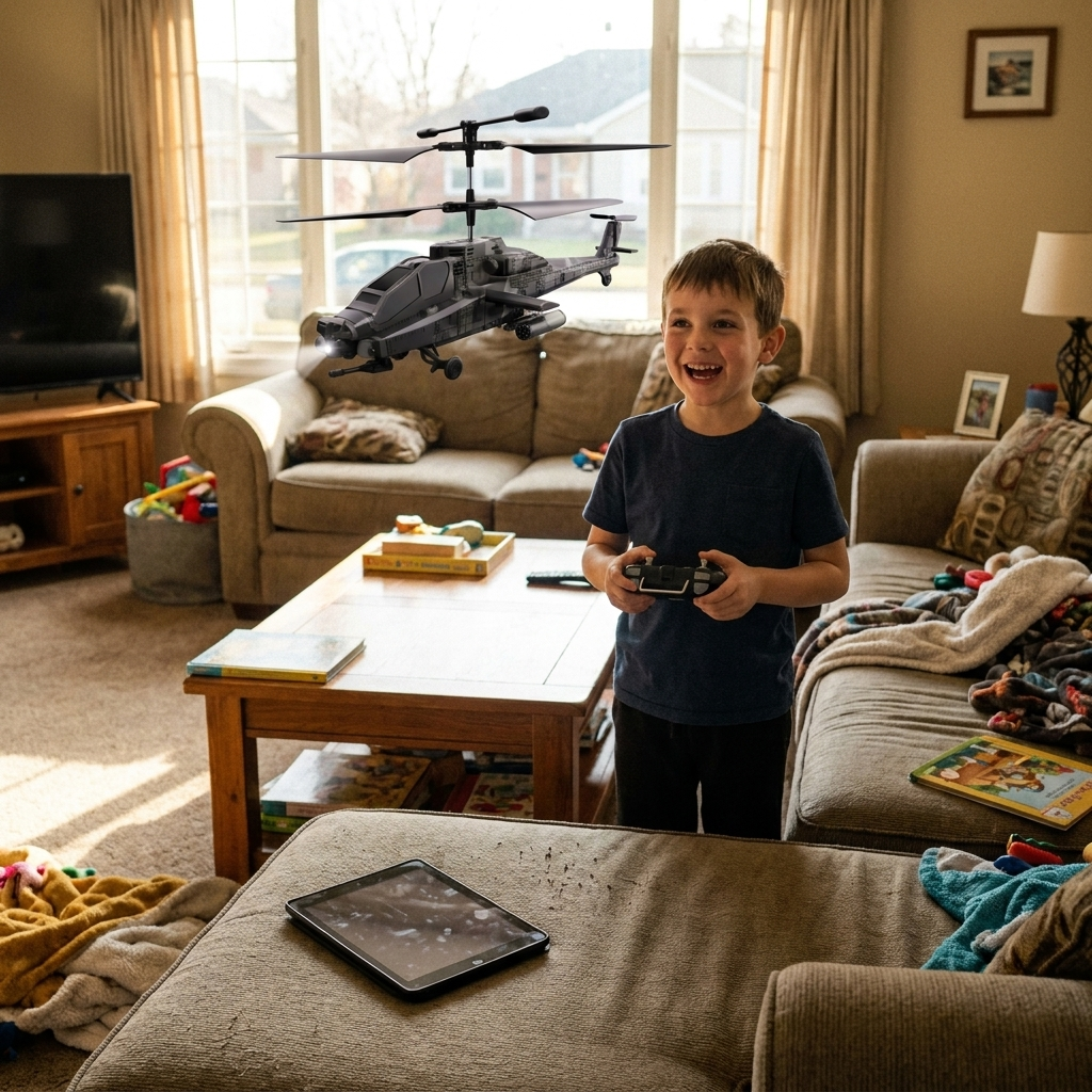 A boy flying AirGuard with the iPad face-down on the couch