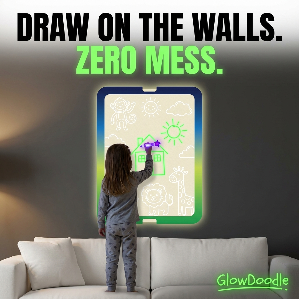 Child drawing on the GlowDoodle glow board next to a spotless white sofa