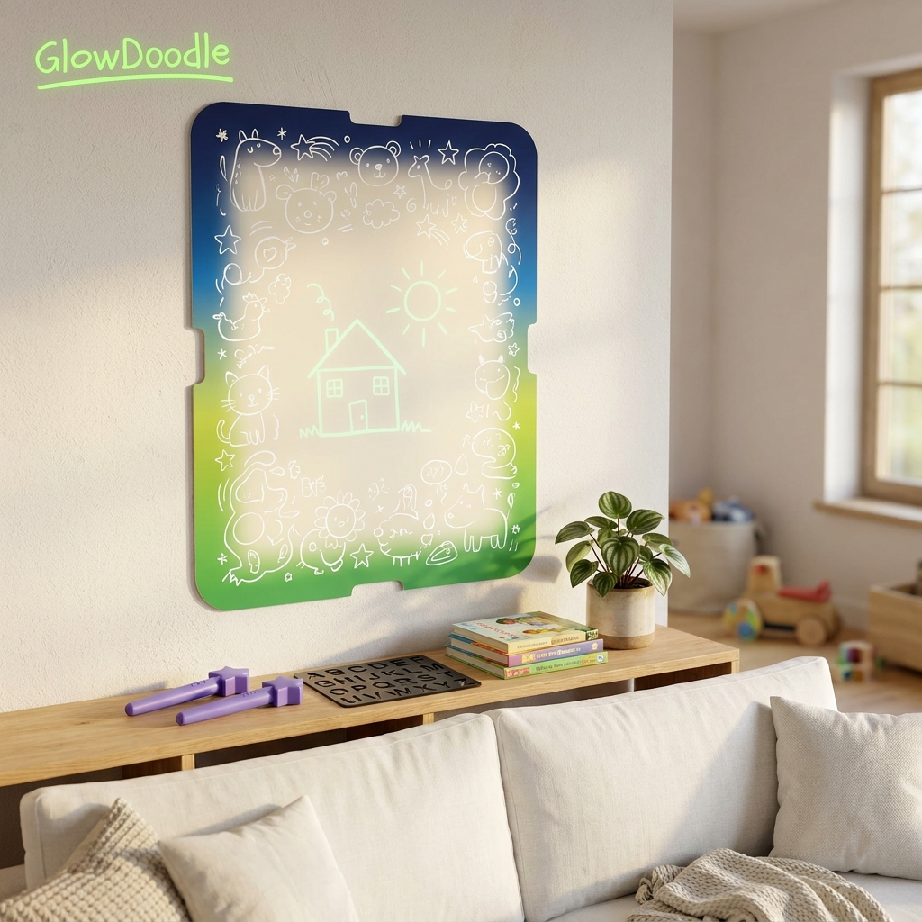 GlowDoodle glow canvas hung on a playroom wall