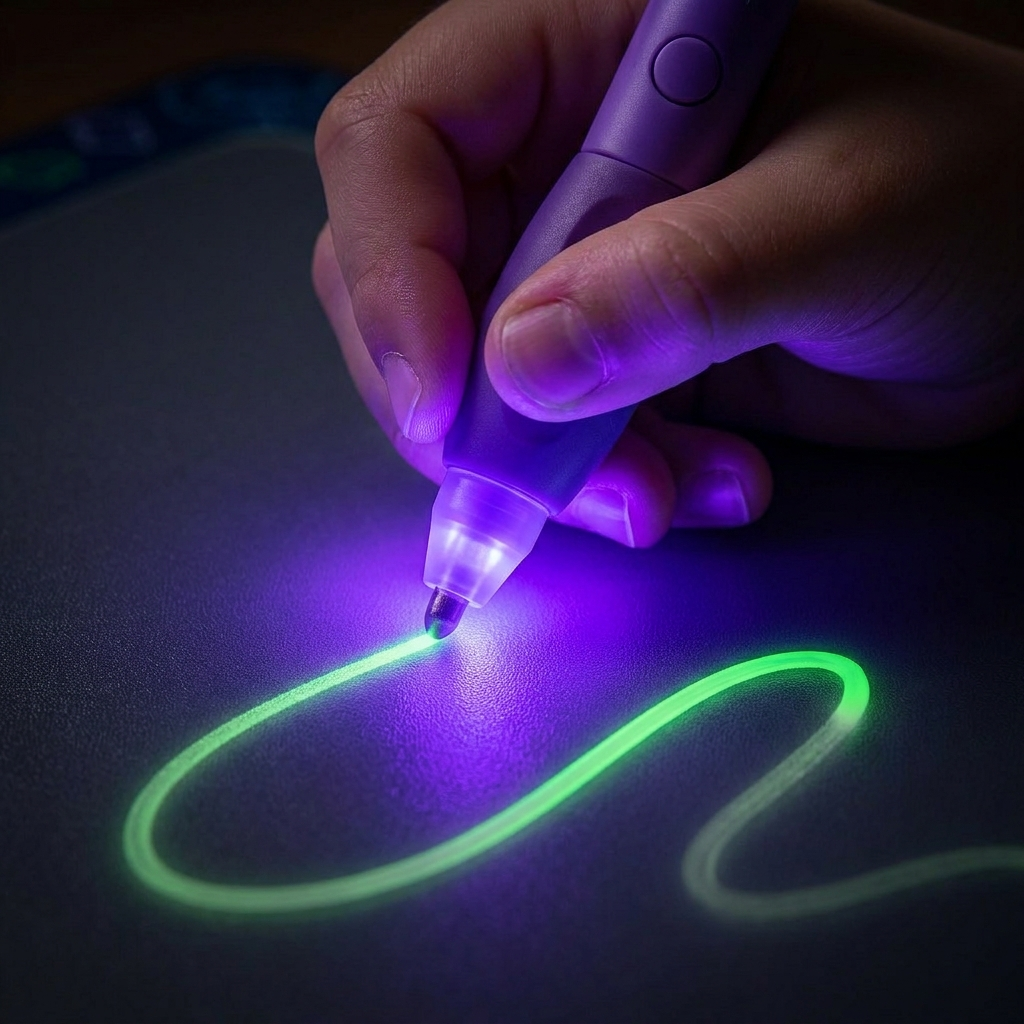 Purple-light pen drawing a glowing green line