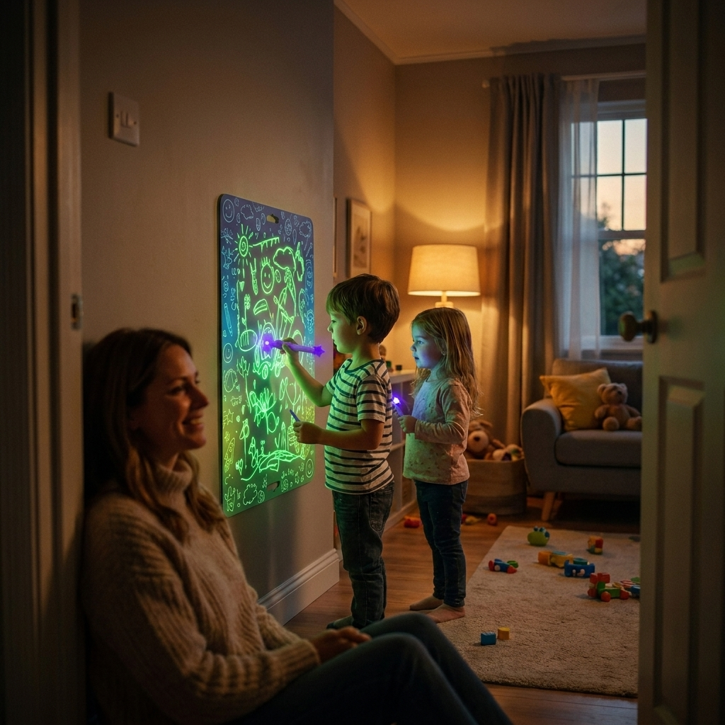 Two kids drawing on the glowing wall canvas at dusk