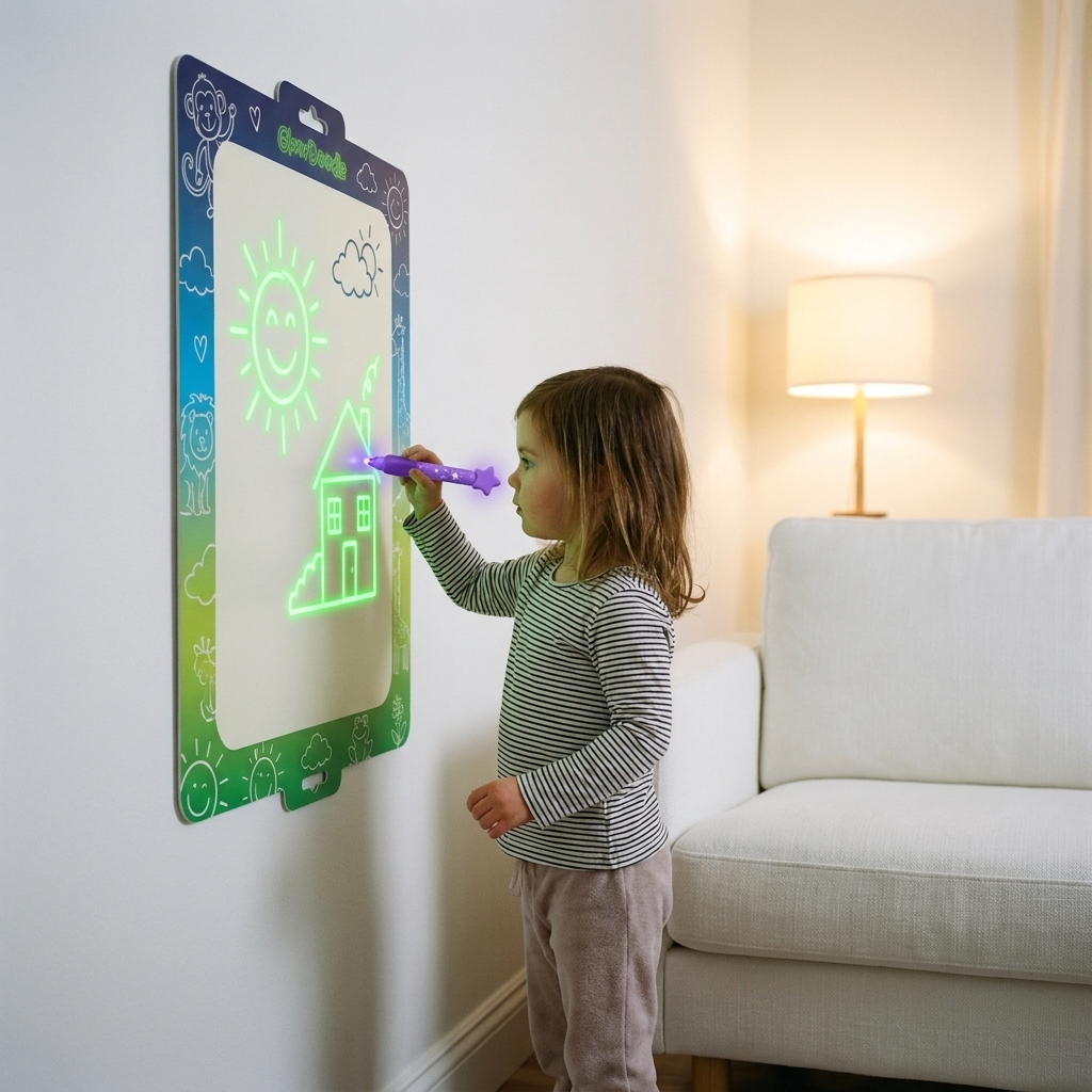Child drawing on the canvas beside a spotless white sofa