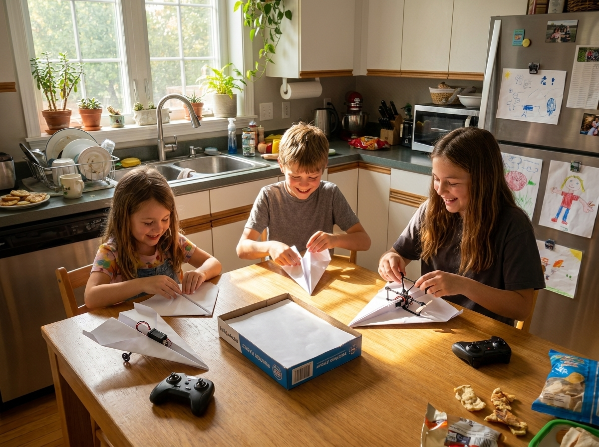 Three kids around a kitchen table folding their own planes from one open ream of printer paper