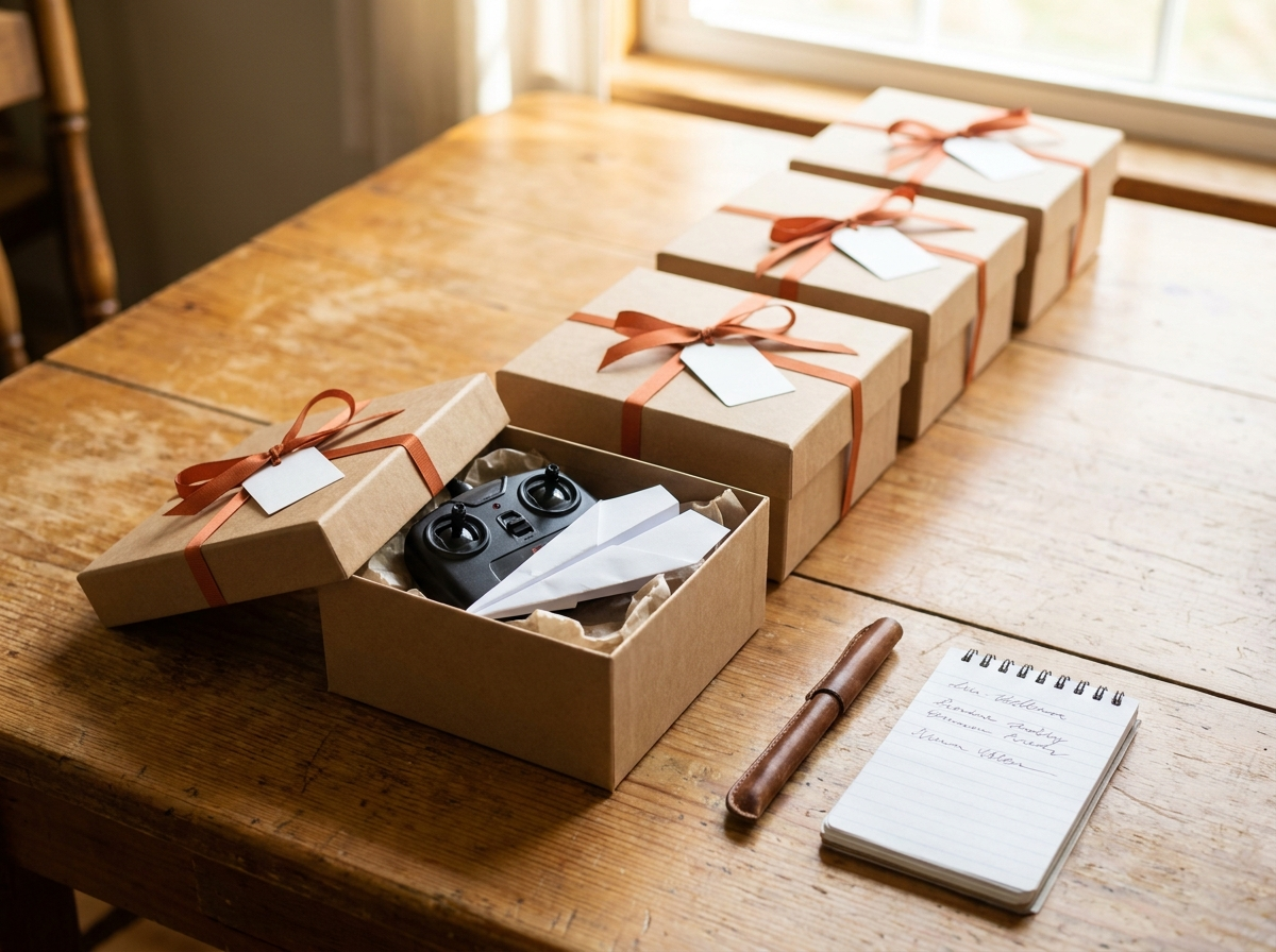 Four kraft gift boxes with orange ribbons and blank gift tags, lined up and ready