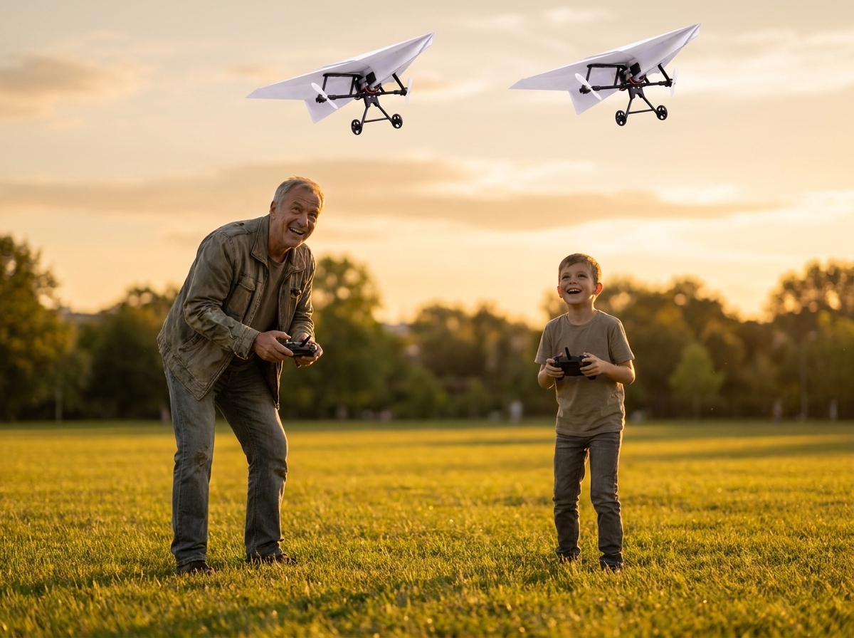 A grandfather and grandson each flying their own plane at golden hour