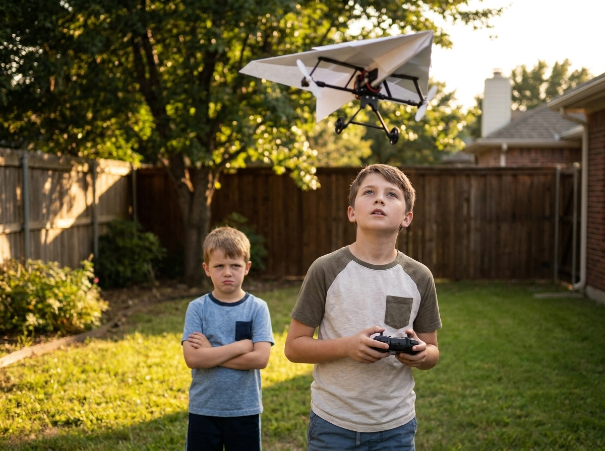 One boy flying with the only remote while his younger brother stands behind him with folded arms, waiting