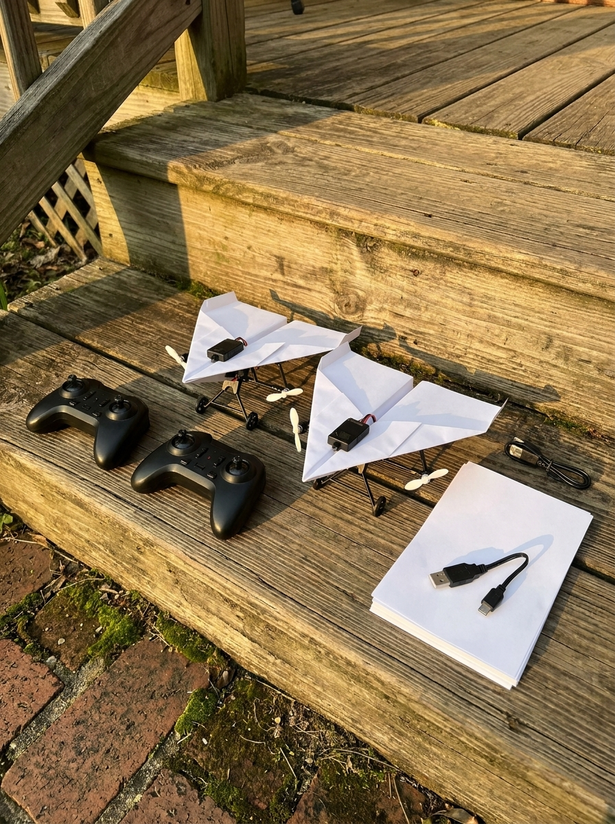Two remotes, two planes and a stack of paper on a back-porch step