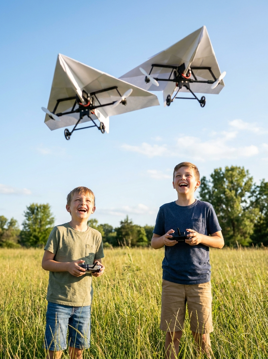 Two boys racing their own planes with their own remotes in an open field