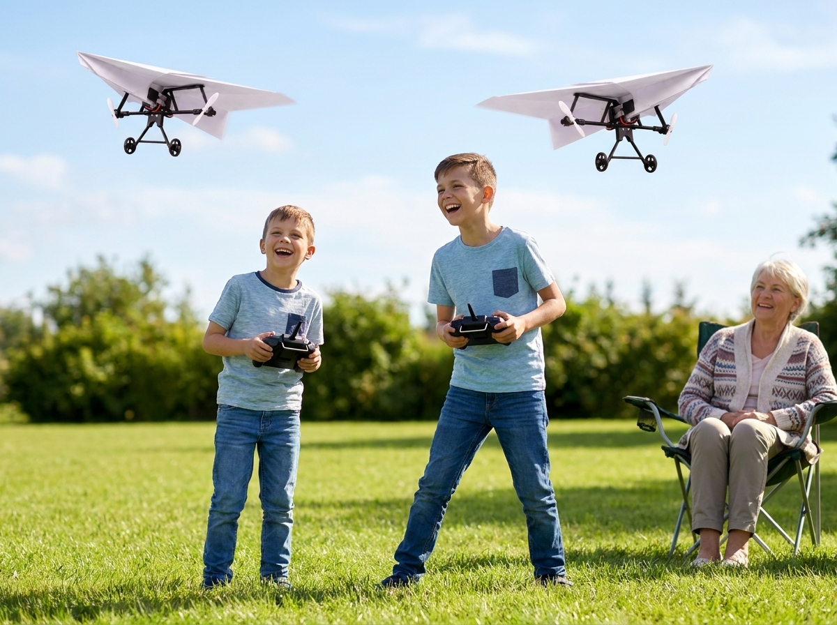 Two boys each flying their own plane with their own remote while their grandmother watches