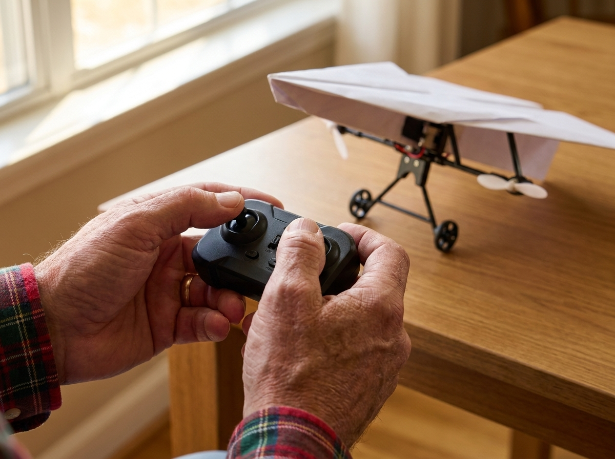 An older man's hands on the two-stick remote
