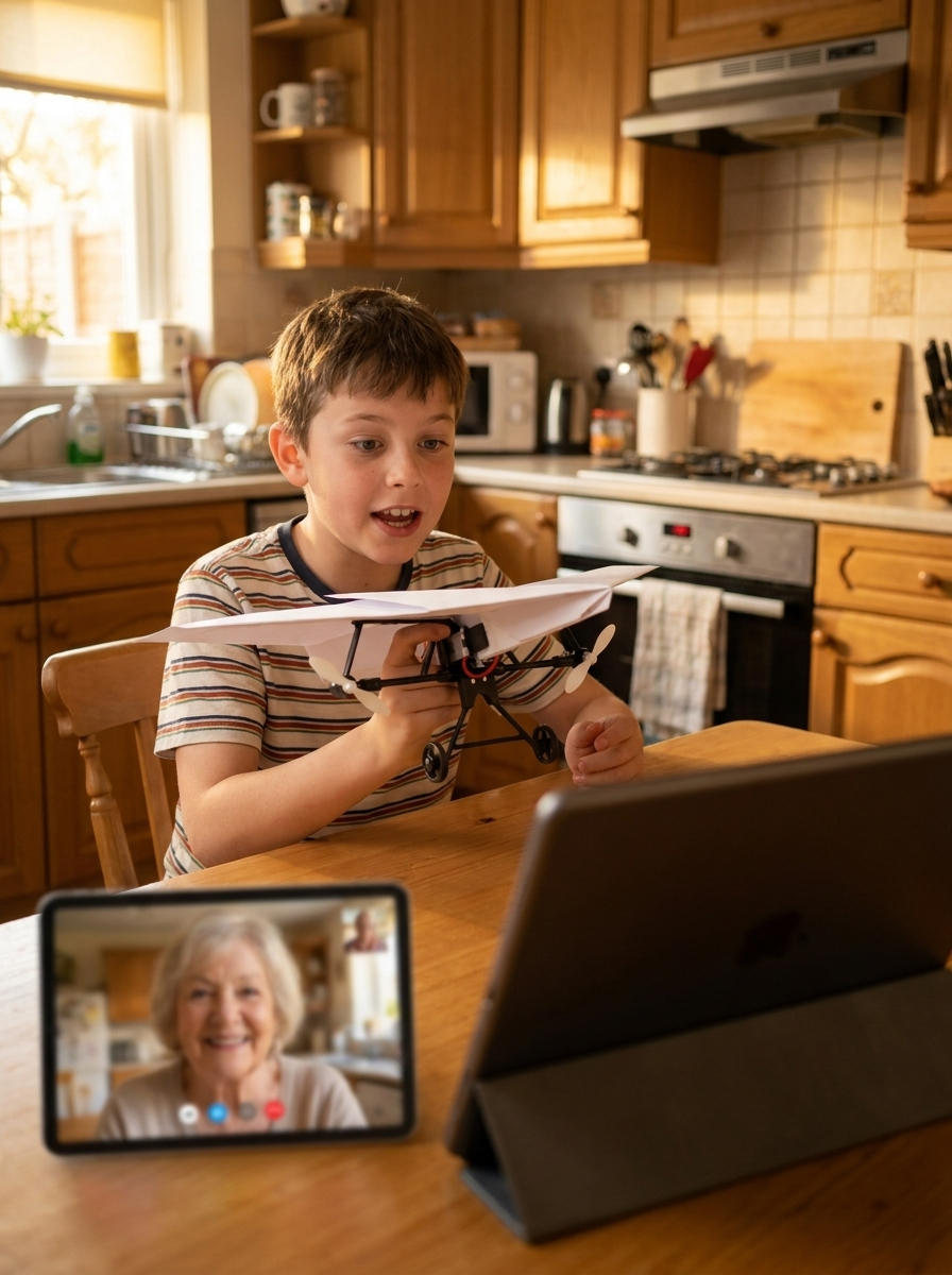 A boy showing the plane to his grandmother on a video call