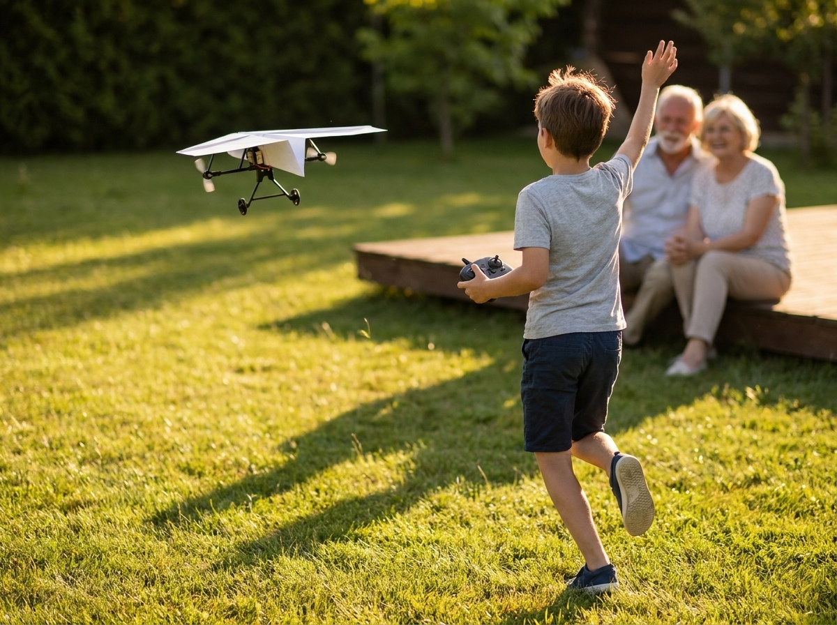 A boy running across the lawn chasing his plane while his grandparents watch from the deck