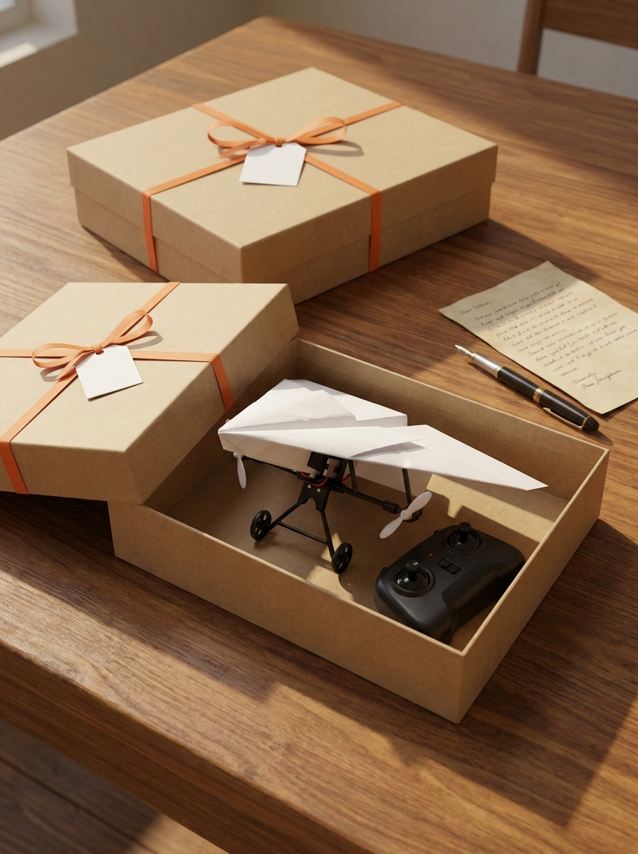 Two kraft gift boxes with orange ribbons and blank gift tags, one open showing the kit