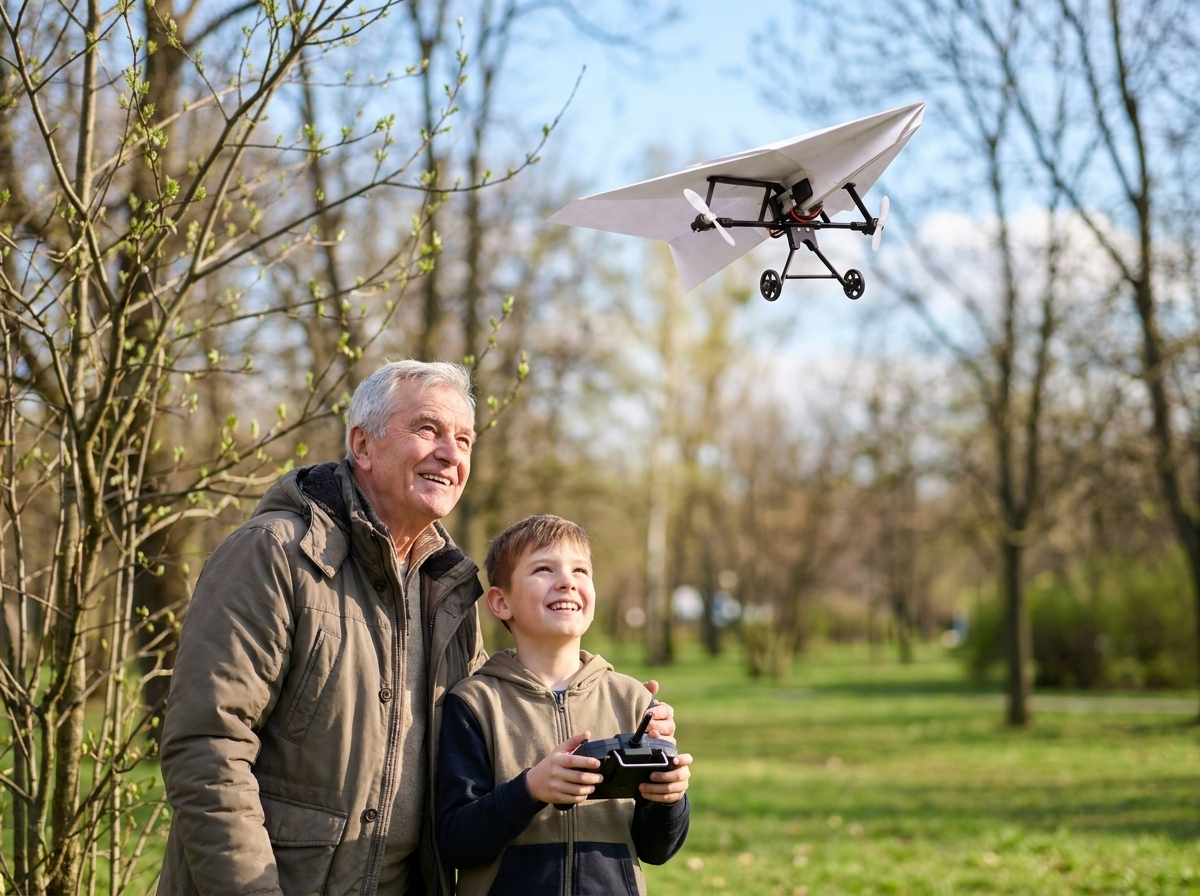 A grandfather and grandson flying the plane together in a park
