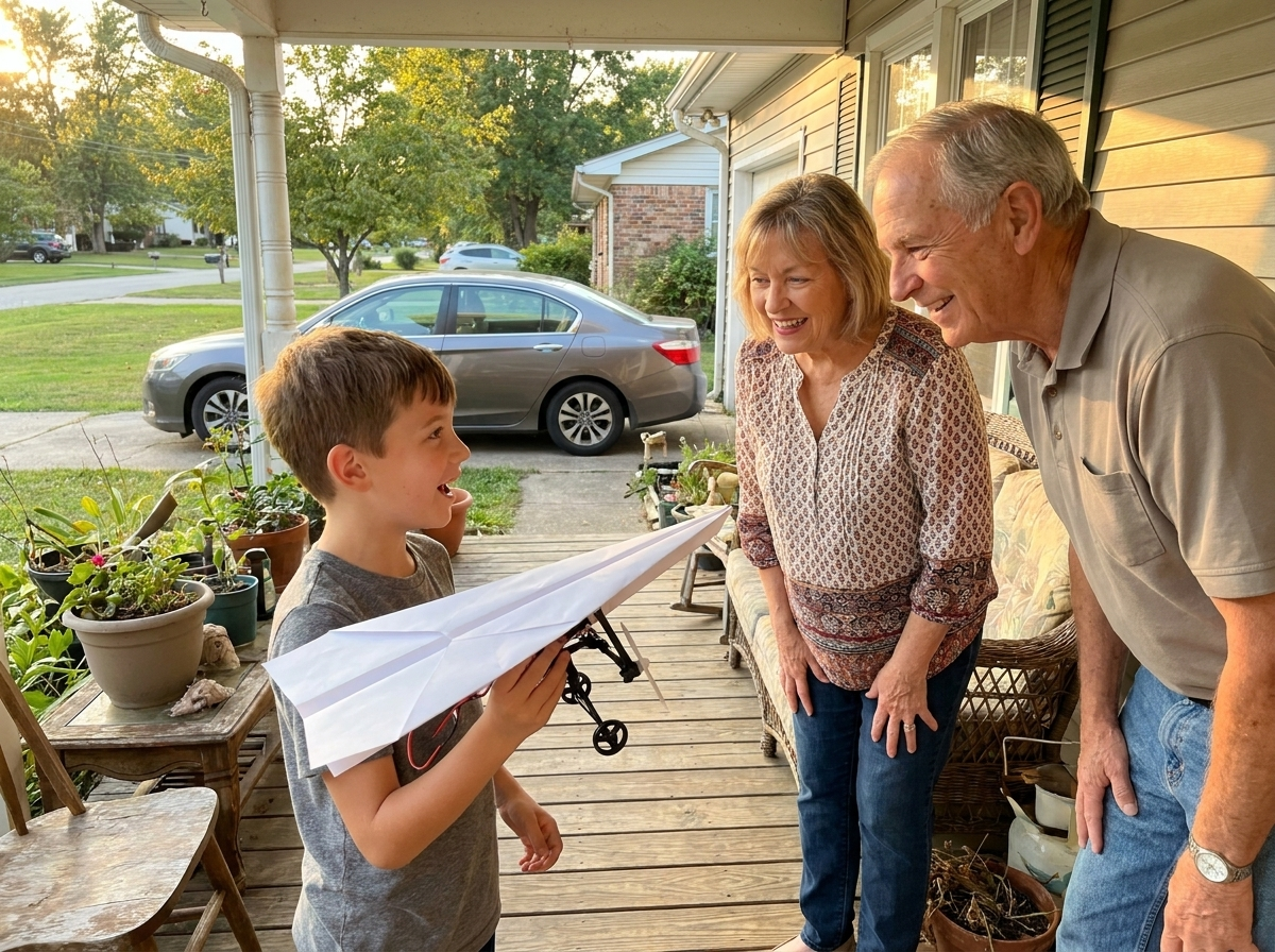 A boy on the front porch showing the plane to his grandparents who have just arrived