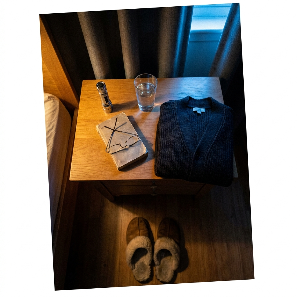 Bedside table at two in the morning, flashlight and slippers ready