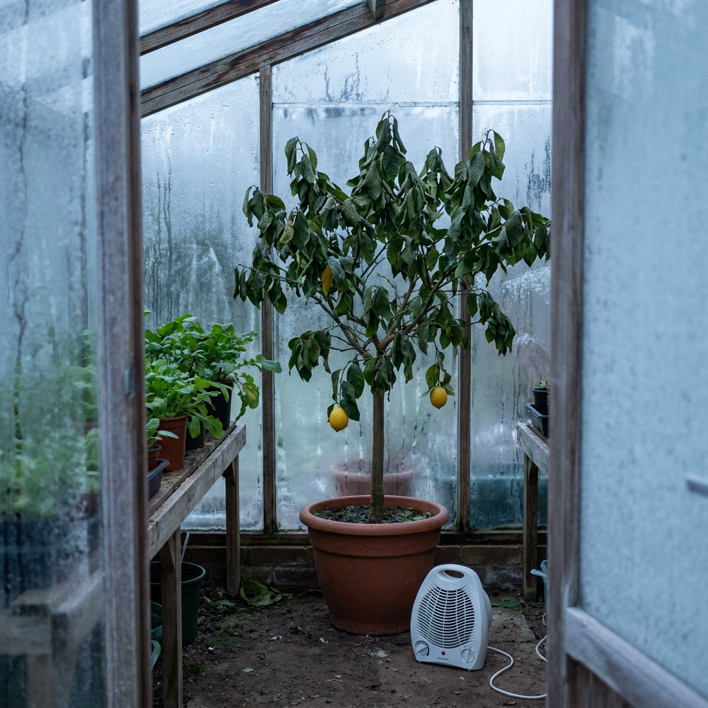 The Meyer lemon at the back wall on a November morning