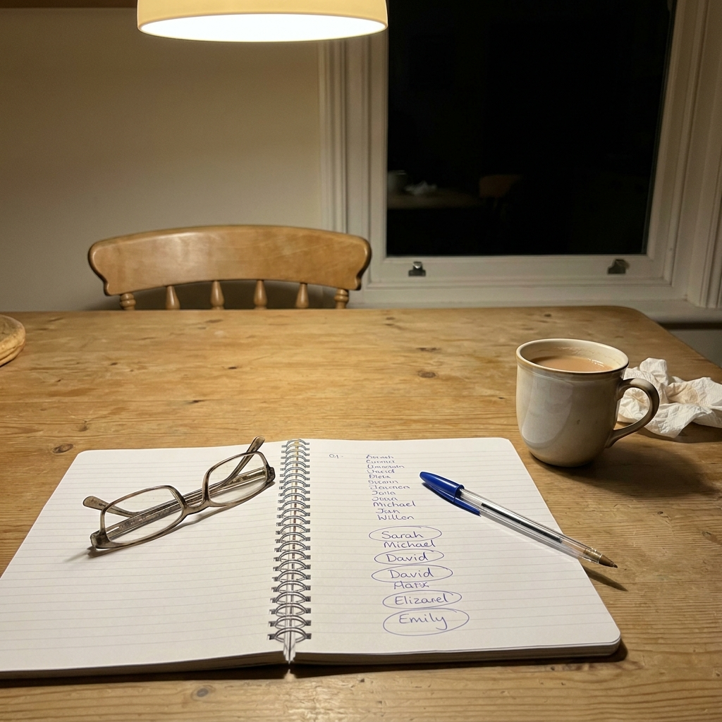 Kitchen table at night with a notepad, working it out