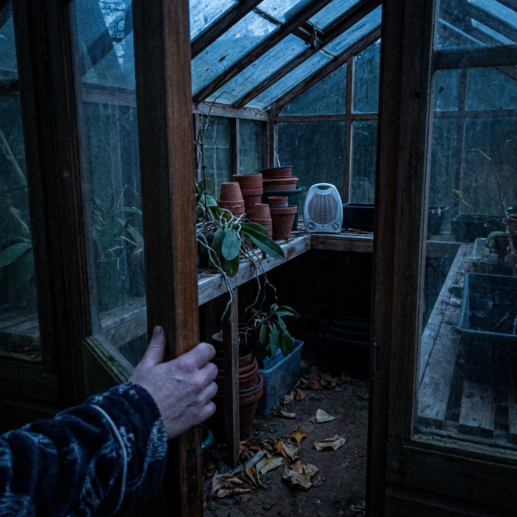 The greenhouse at midnight, heater running, nothing glowing
