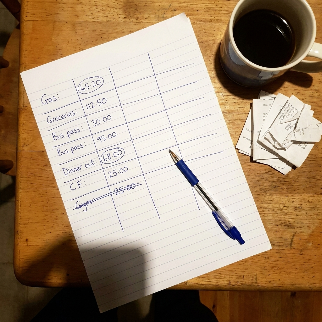 The hand-ruled comparison grid on notepaper