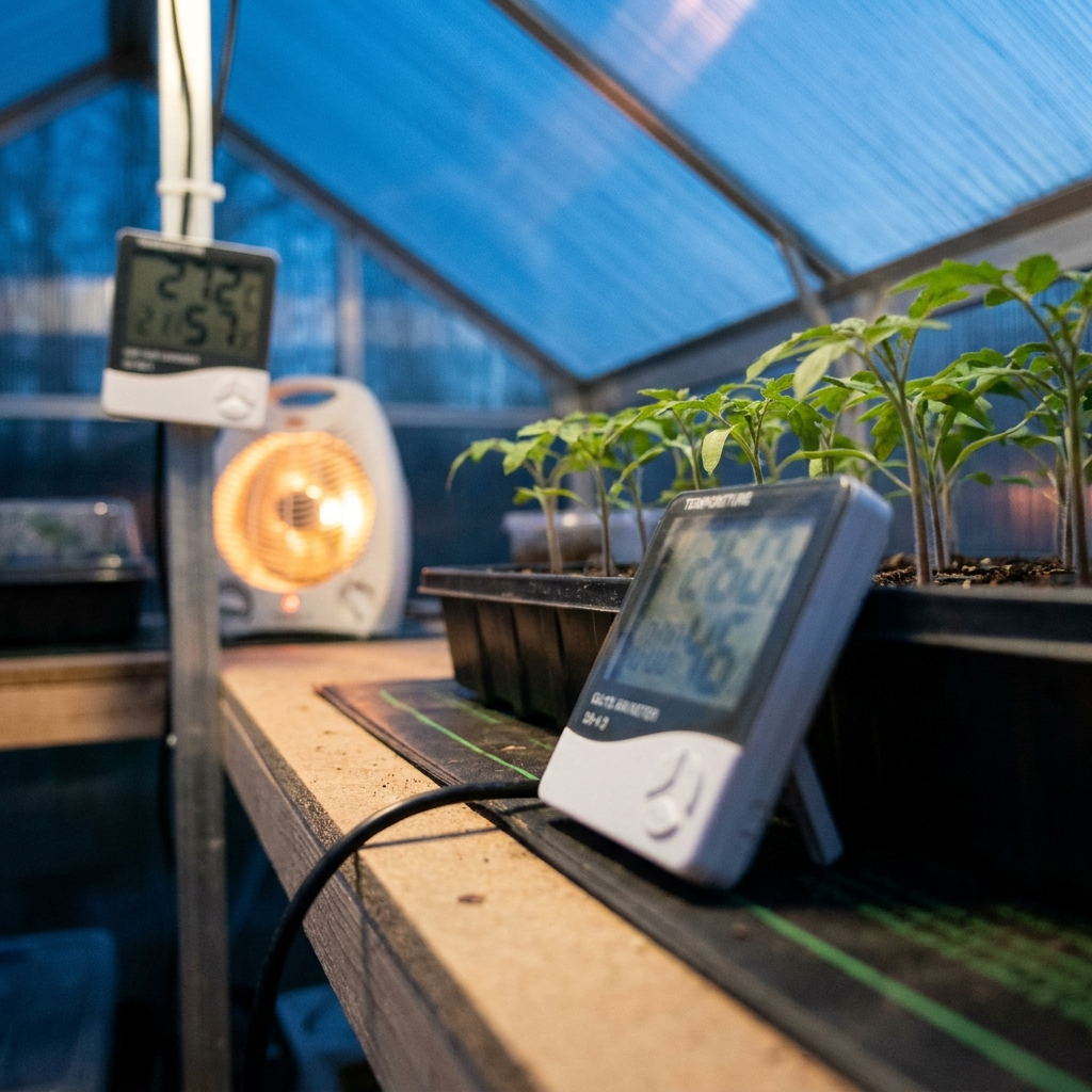 Two digital thermometers in one frame, one near the heater and one propped on a seed flat