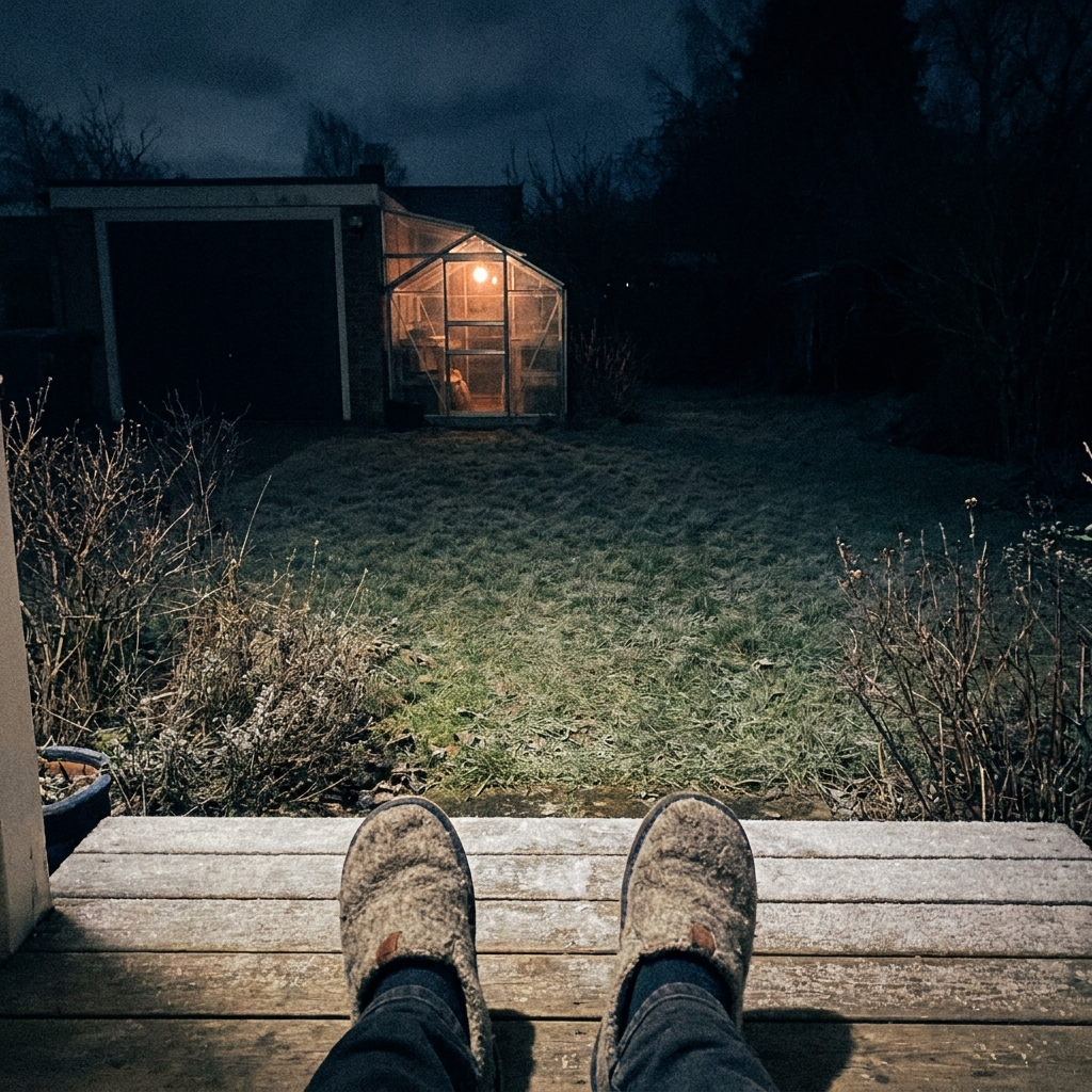 The lean-to seen from the back doorstep at ten at night