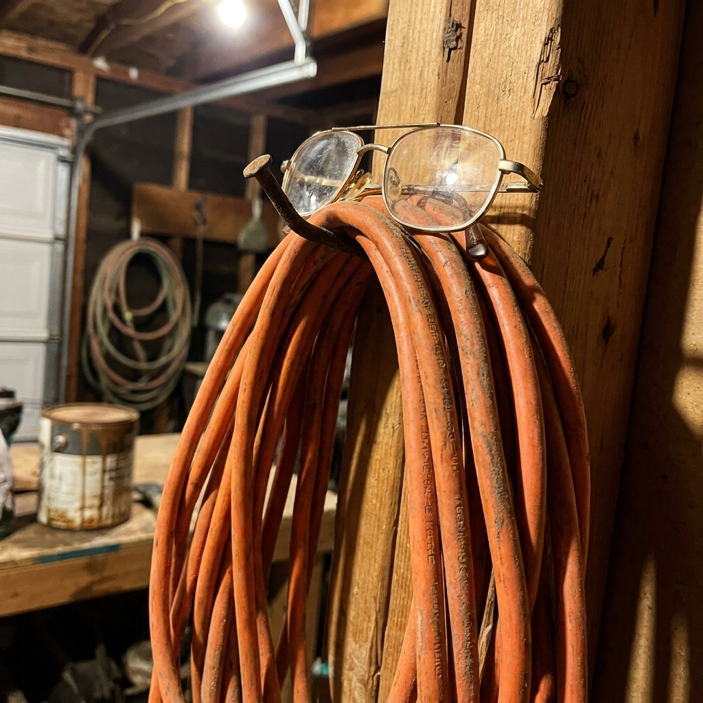 The old orange extension cord on a nail in the garage