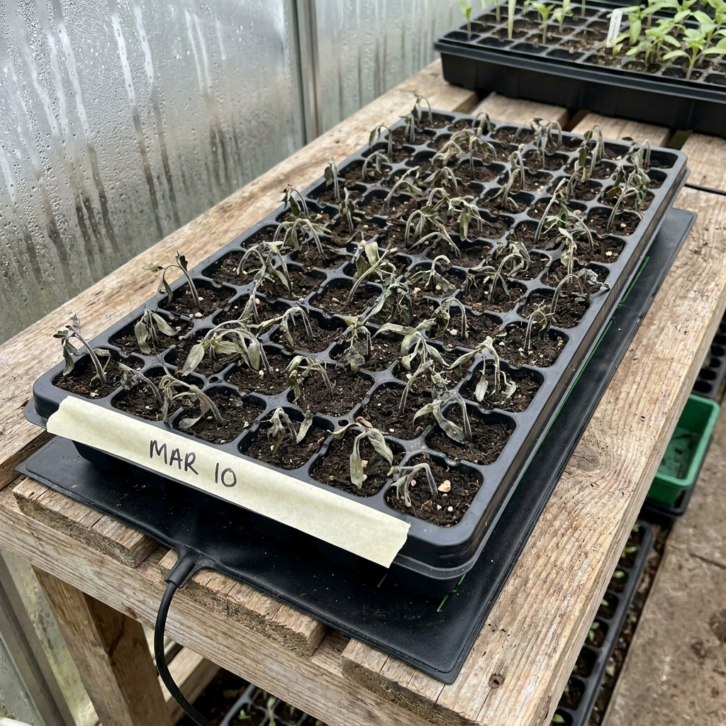 A 72-cell tray of collapsed tomato seedlings with a start date on masking tape