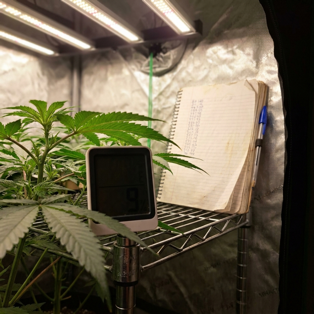 Logging thermometer at canopy height beside a notebook of overnight lows