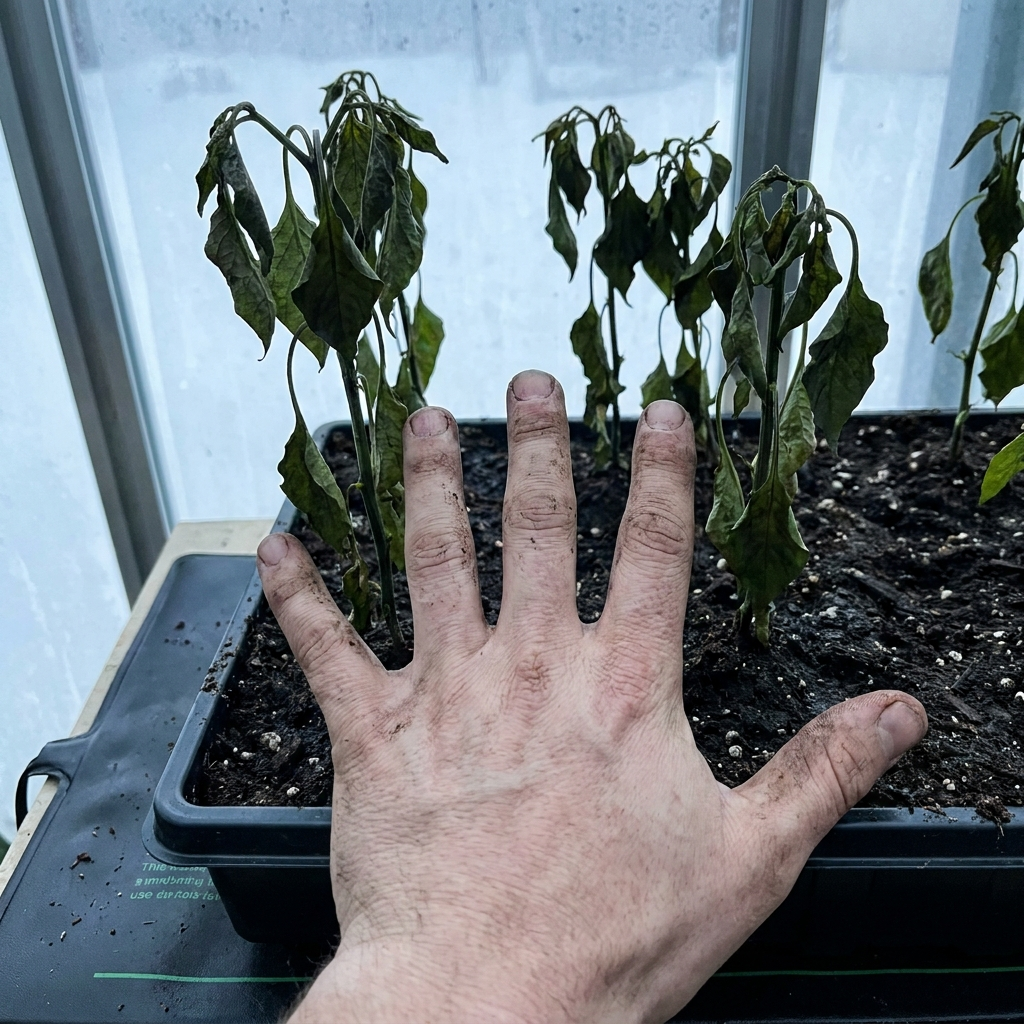 A bare hand pressed flat on warm medium with collapsed seedling tops directly above it