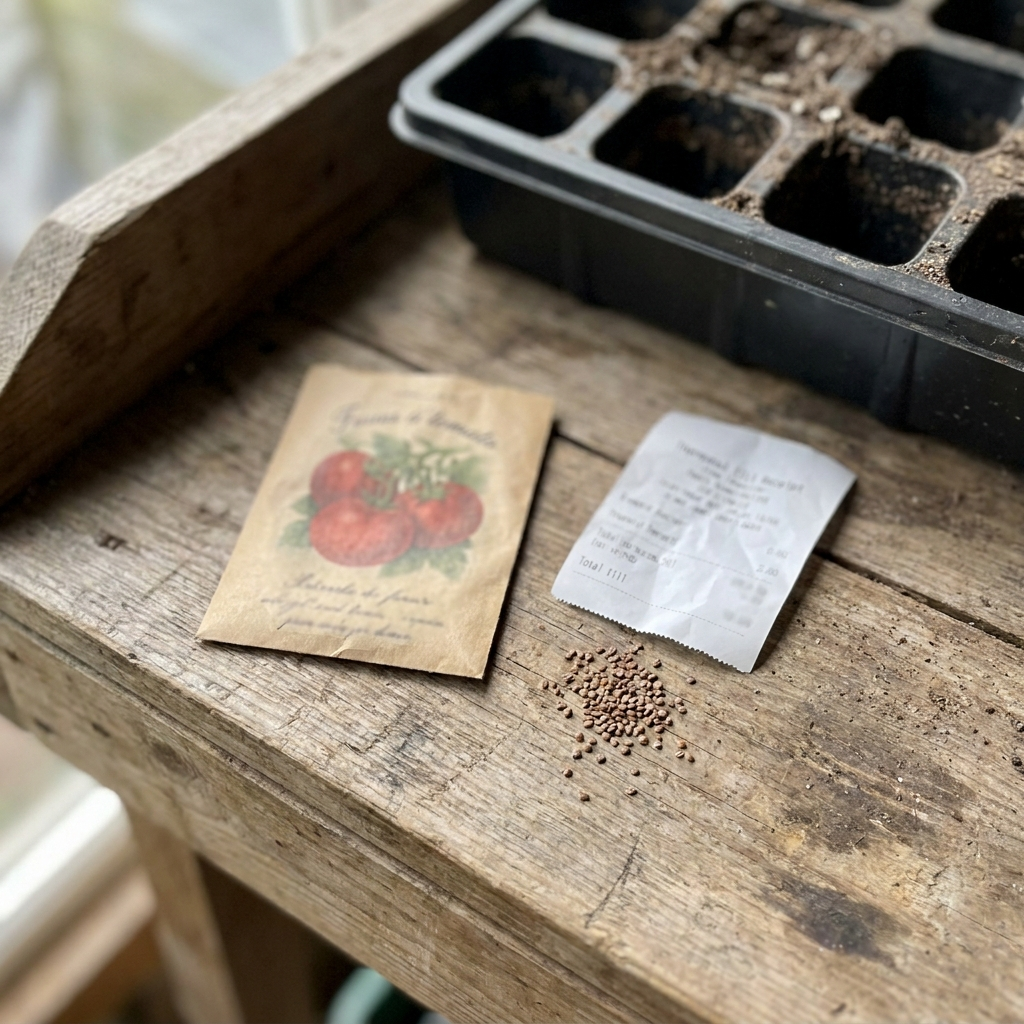 A seed packet and a curled till receipt on a scarred potting bench