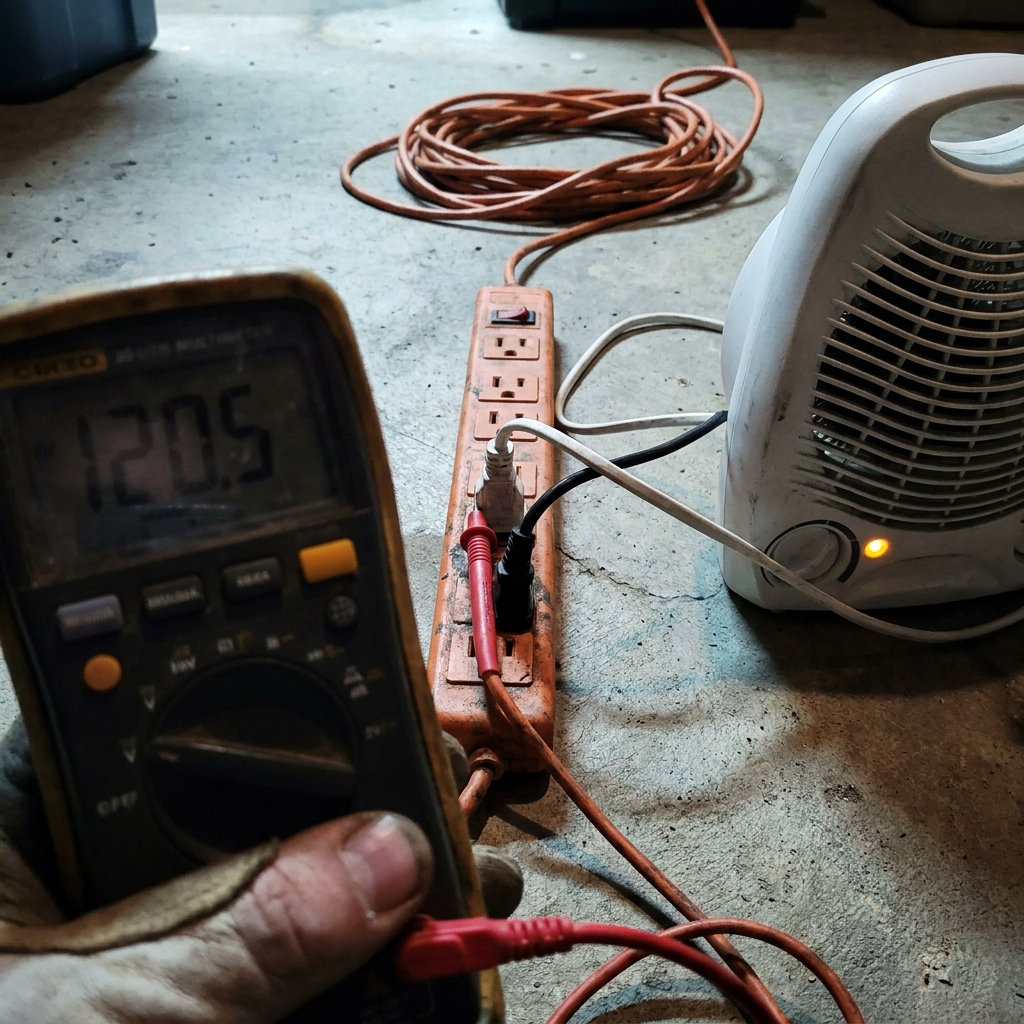 A multimeter probed into the plug end of an extension cord under load