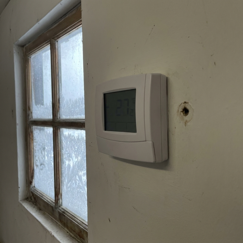 A residential thermostat on a cold wall beside a frosted window