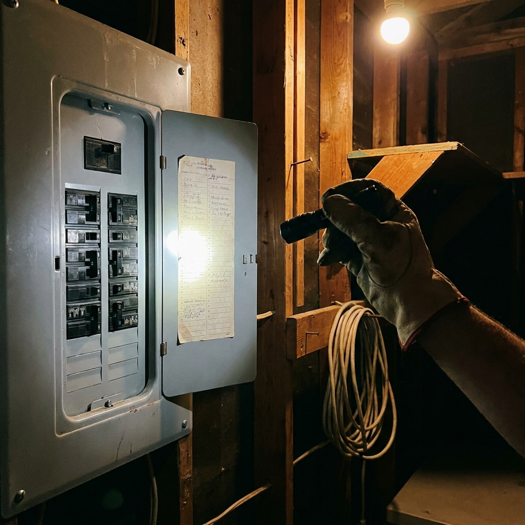 Open breaker panel with a flashlight on one circuit