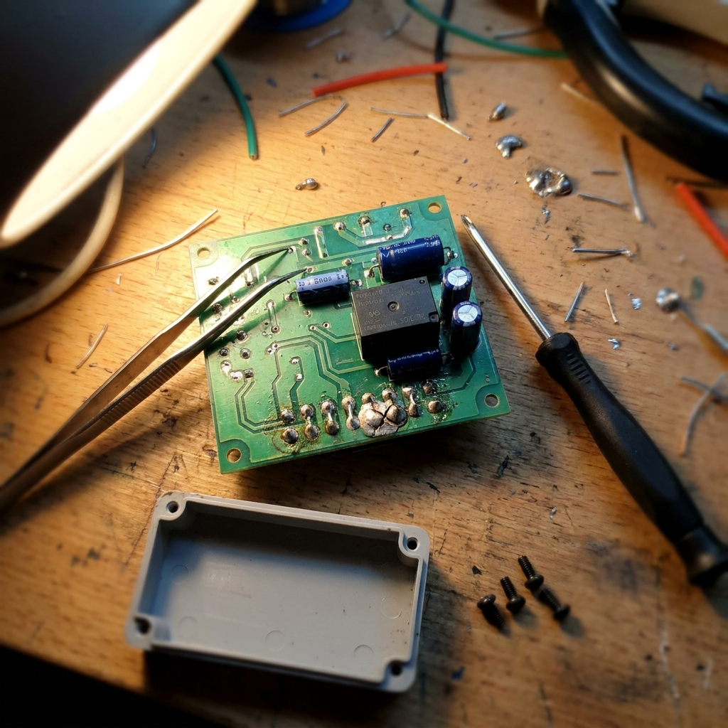 A control board on the bench with a cracked solder joint