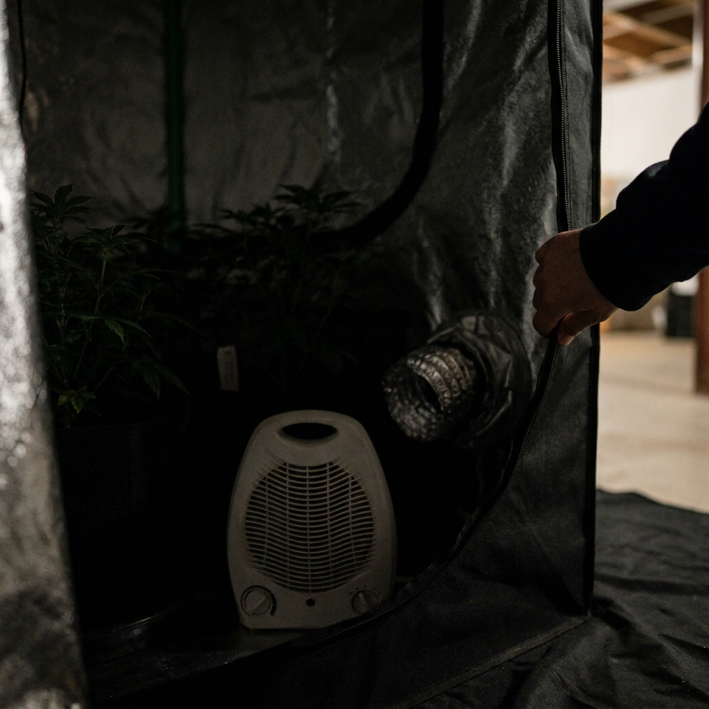 Inside the tent during the dark period, heater running with no light off it