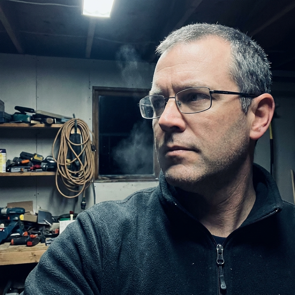 In the garage at night, mid-check